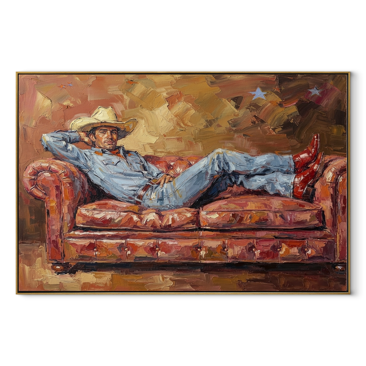 Rose Sofa at Dusk - resting cowboy painting in a wood frame on white