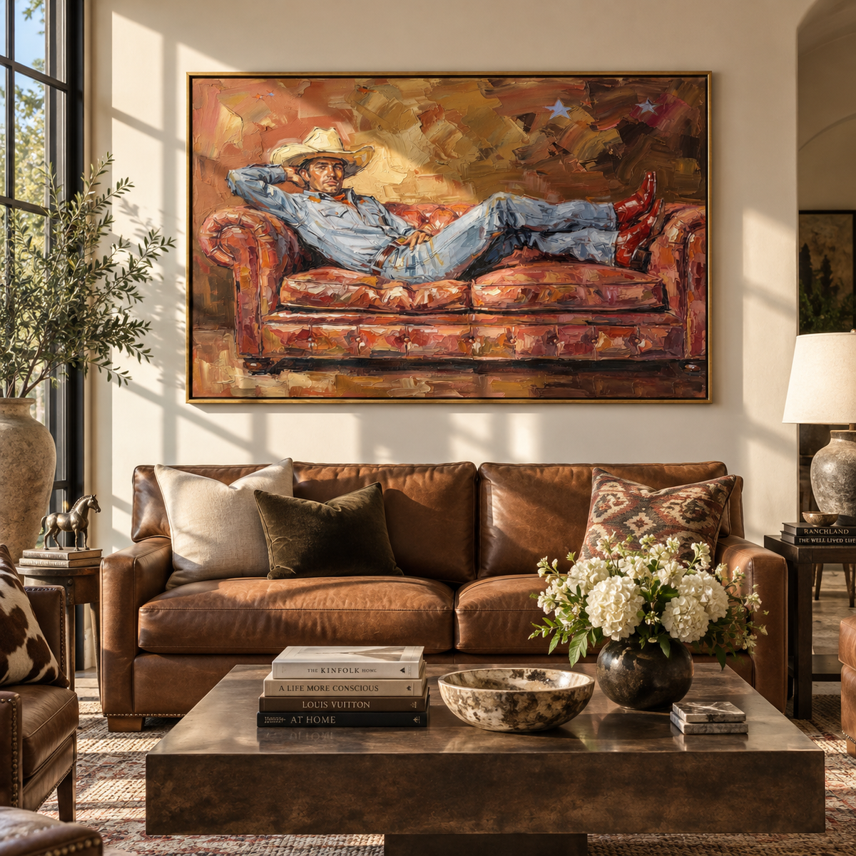 Rose Sofa at Dusk - resting cowboy painting shown in modern room setting 2