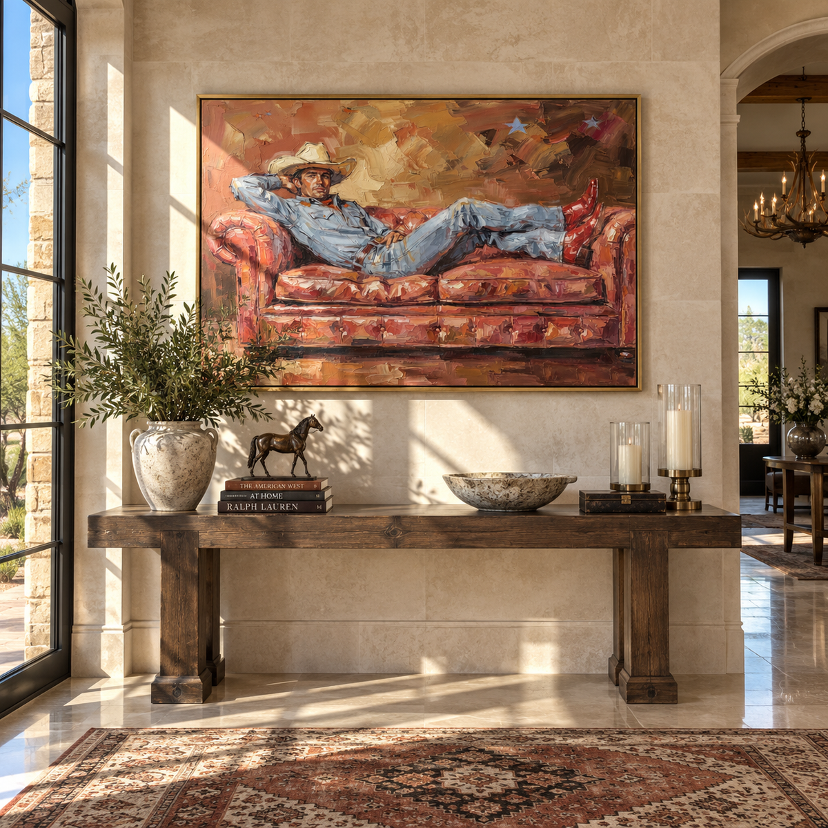 Rose Sofa at Dusk - resting cowboy painting shown in modern room setting 3