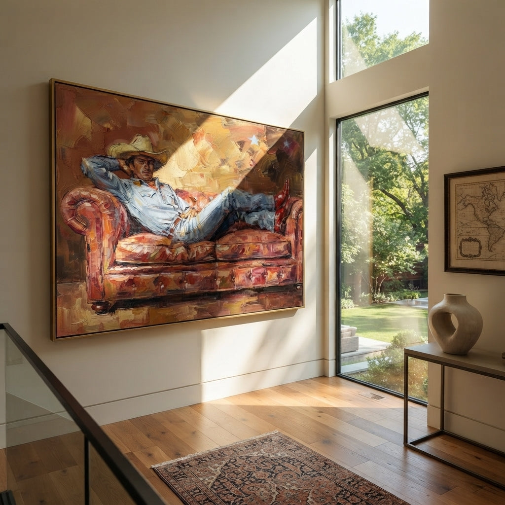Rose Sofa at Dusk - resting cowboy painting shown in modern room setting 5