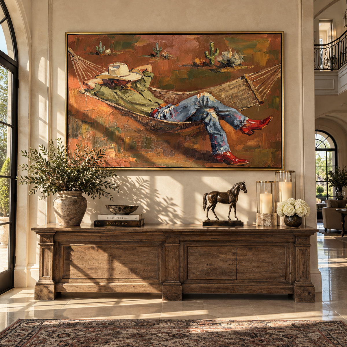 Hammock Under Desert Sky - cowboy hammock painting displayed in a styled interior