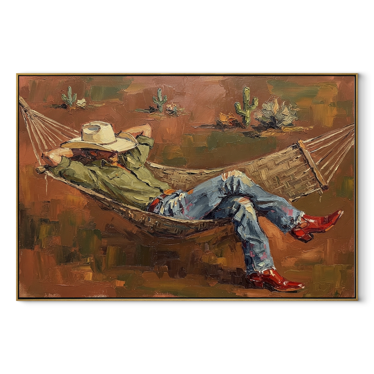 Hammock Under Desert Sky - cowboy hammock painting in a wood frame on white