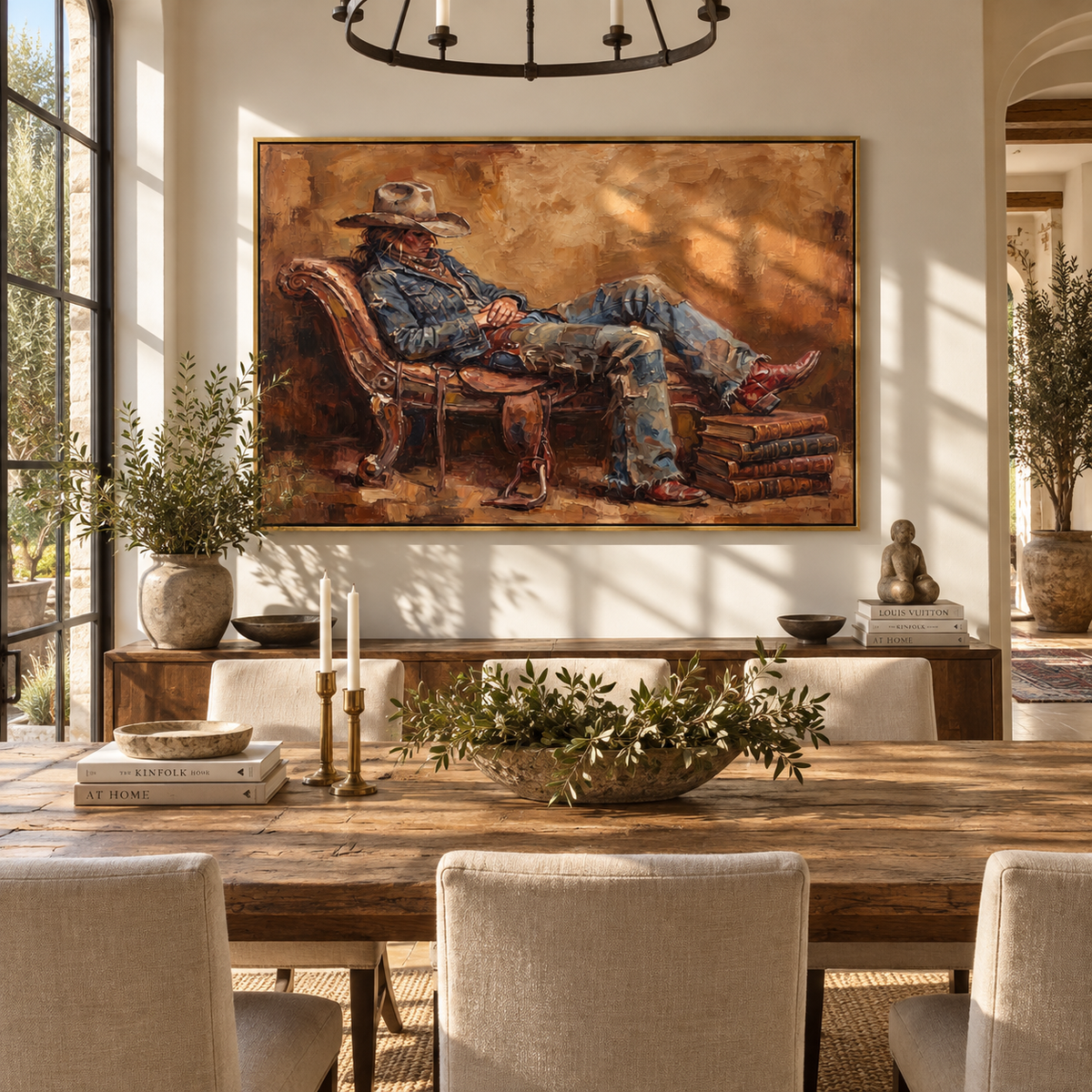 Leather Chair, Quiet Boots - seated cowboy painting shown in modern room setting 4