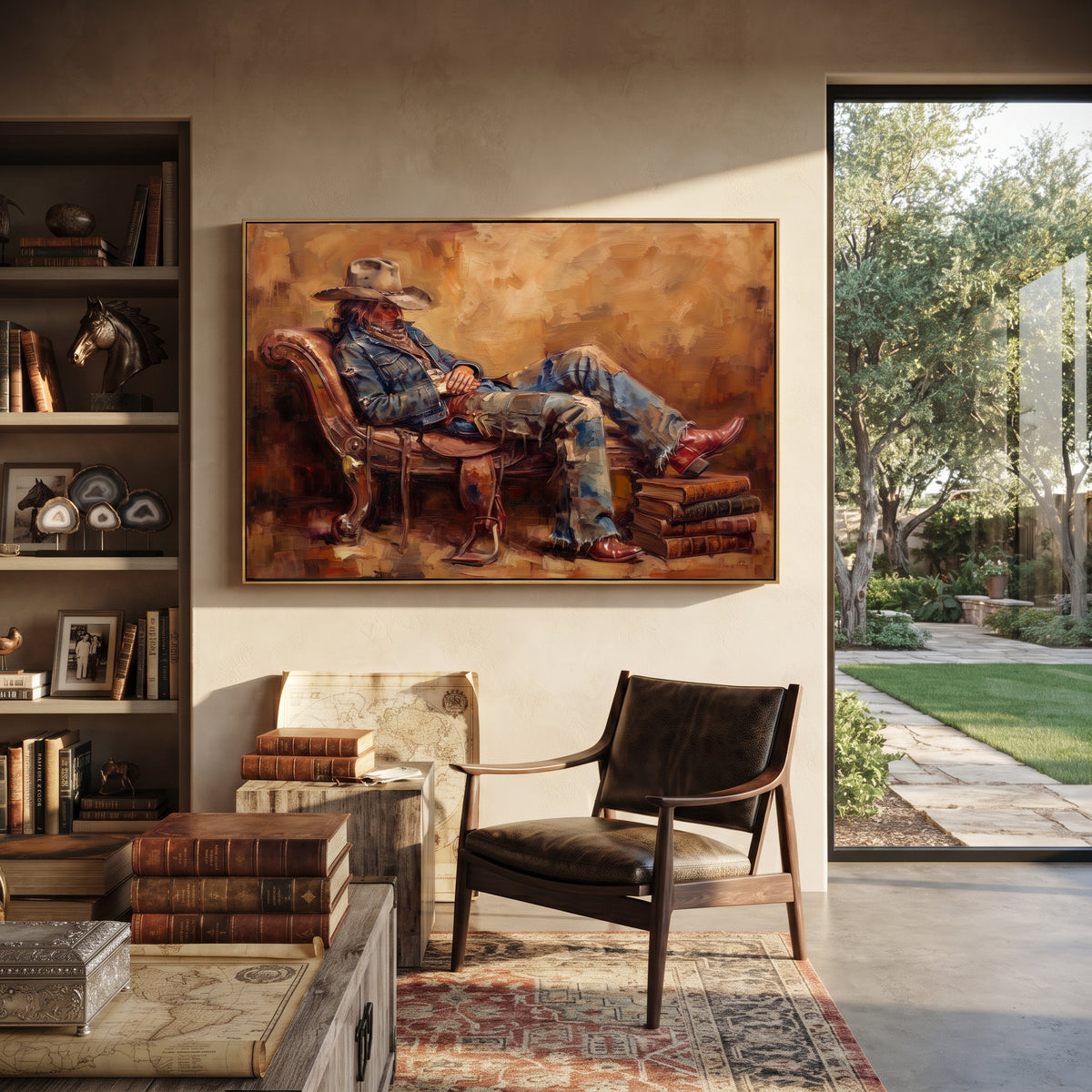 Leather Chair, Quiet Boots - seated cowboy painting shown in modern room setting 5