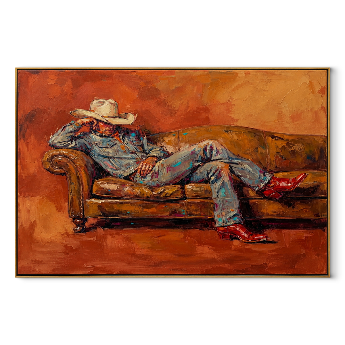Ember Sofa Repose - reclining cowboy painting in a wood frame on white