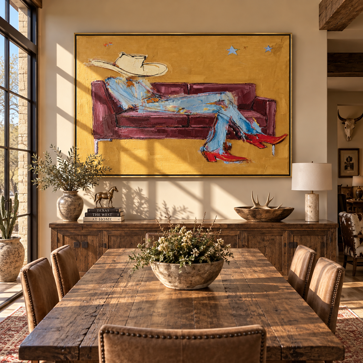 Plum Sofa, Scarlet Boots - relaxed cowboy painting shown in modern room setting 4