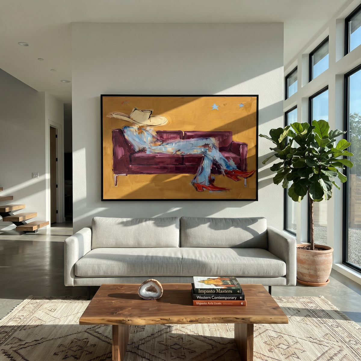 Plum Sofa, Scarlet Boots - relaxed cowboy painting shown in modern room setting 5