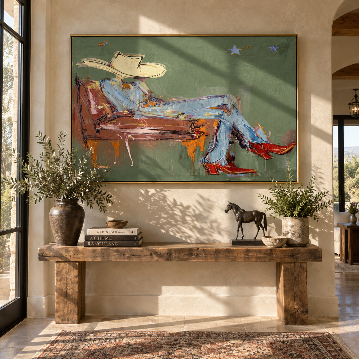 Blue Shirt on Green - resting cowboy painting displayed in a styled interior