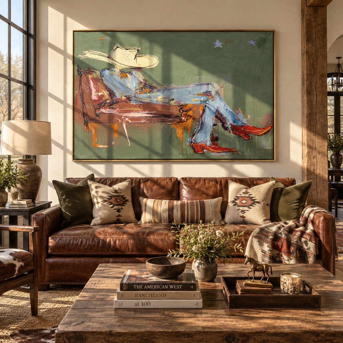 Blue Shirt on Green - resting cowboy painting shown in modern room setting 4