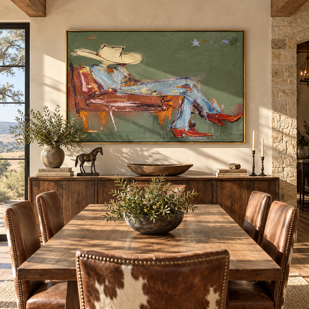 Blue Shirt on Green - resting cowboy painting shown in modern room setting 5