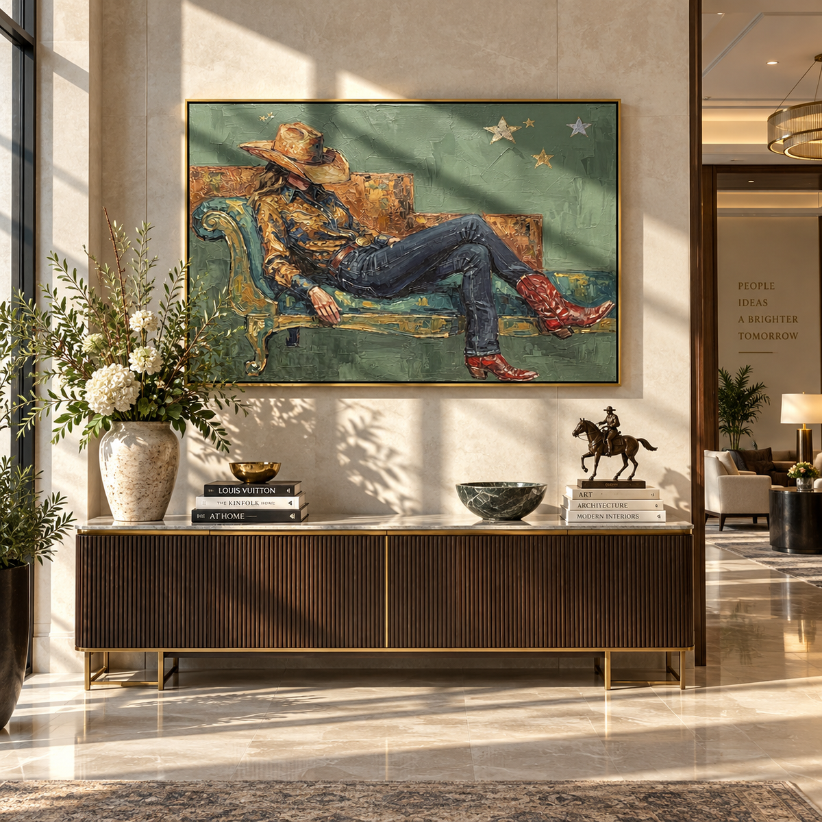 Stars Above the Armchair - seated cowboy painting shown in modern room setting 4