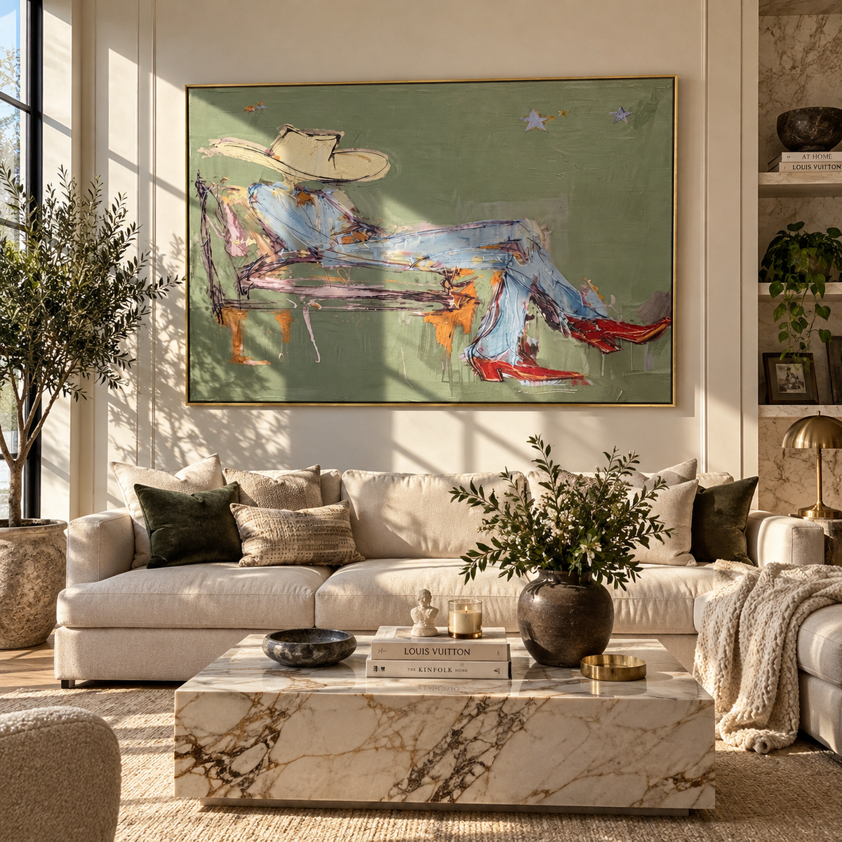 Sage Daydream - relaxed cowboy painting displayed in a styled interior