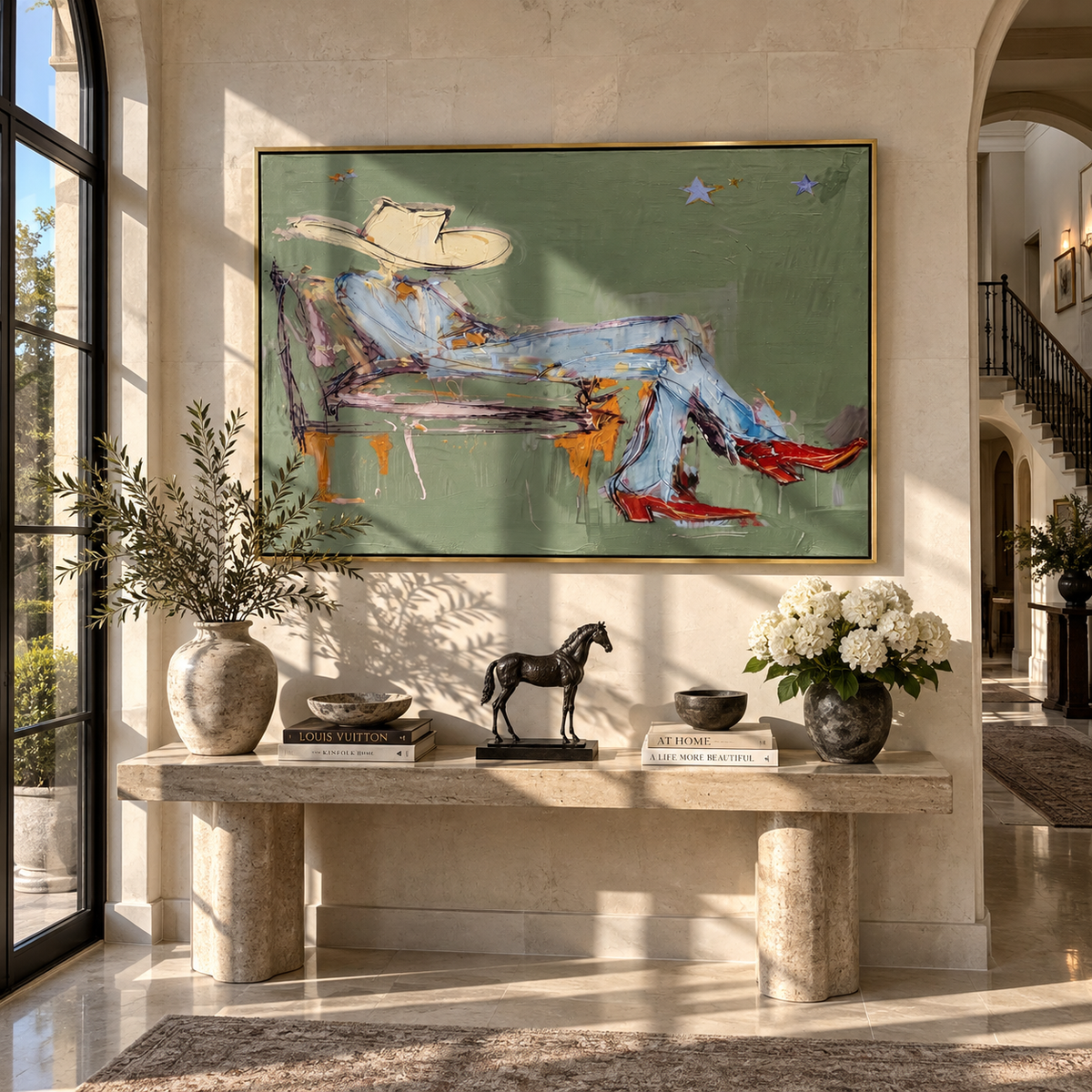 Sage Daydream - relaxed cowboy painting shown in modern room setting 2