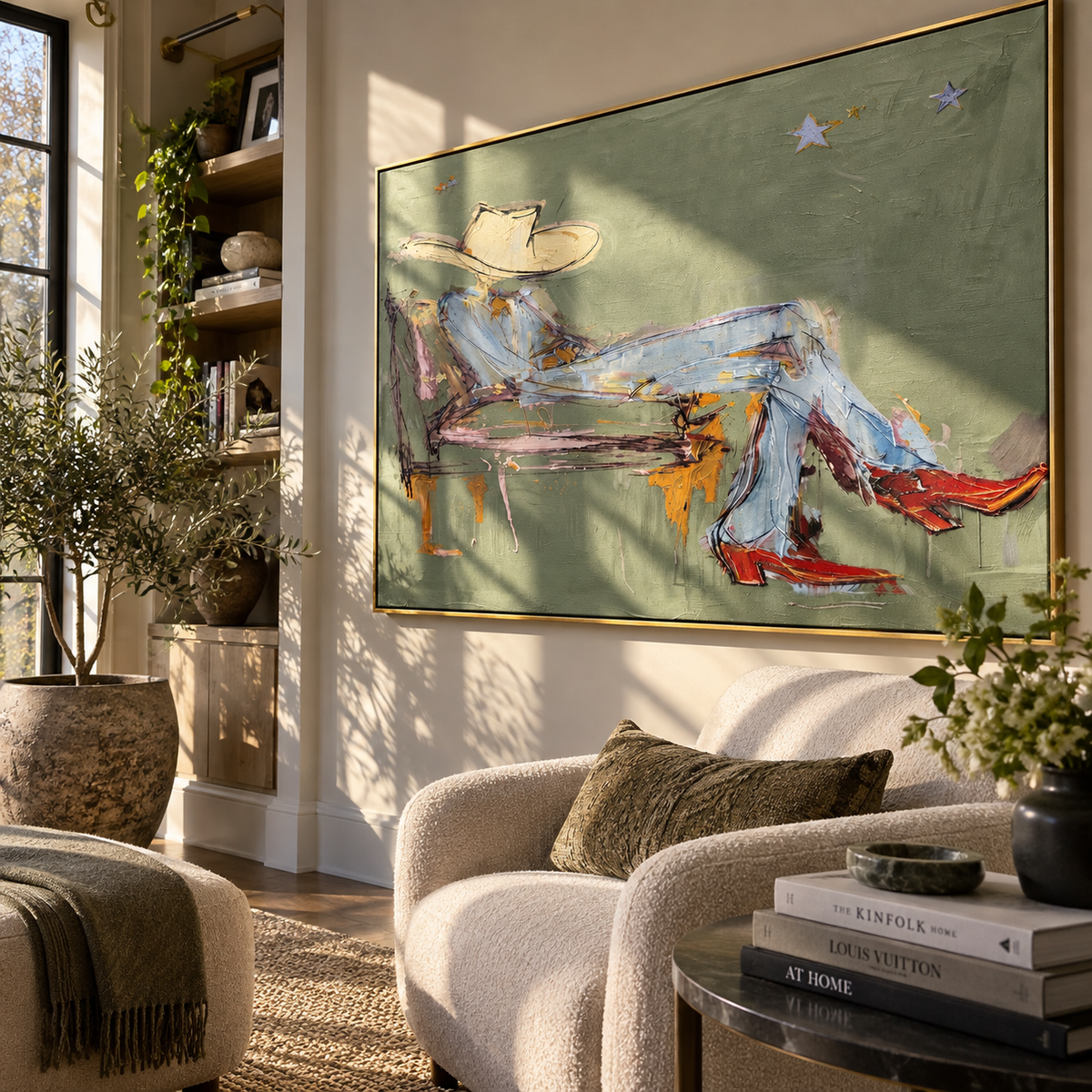 Sage Daydream - relaxed cowboy painting shown in modern room setting 5