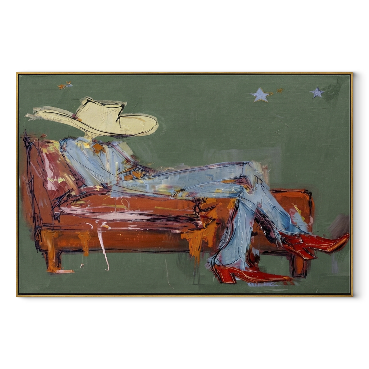 Rust Sofa, Pale Hat - reclining cowboy painting in a wood frame on white
