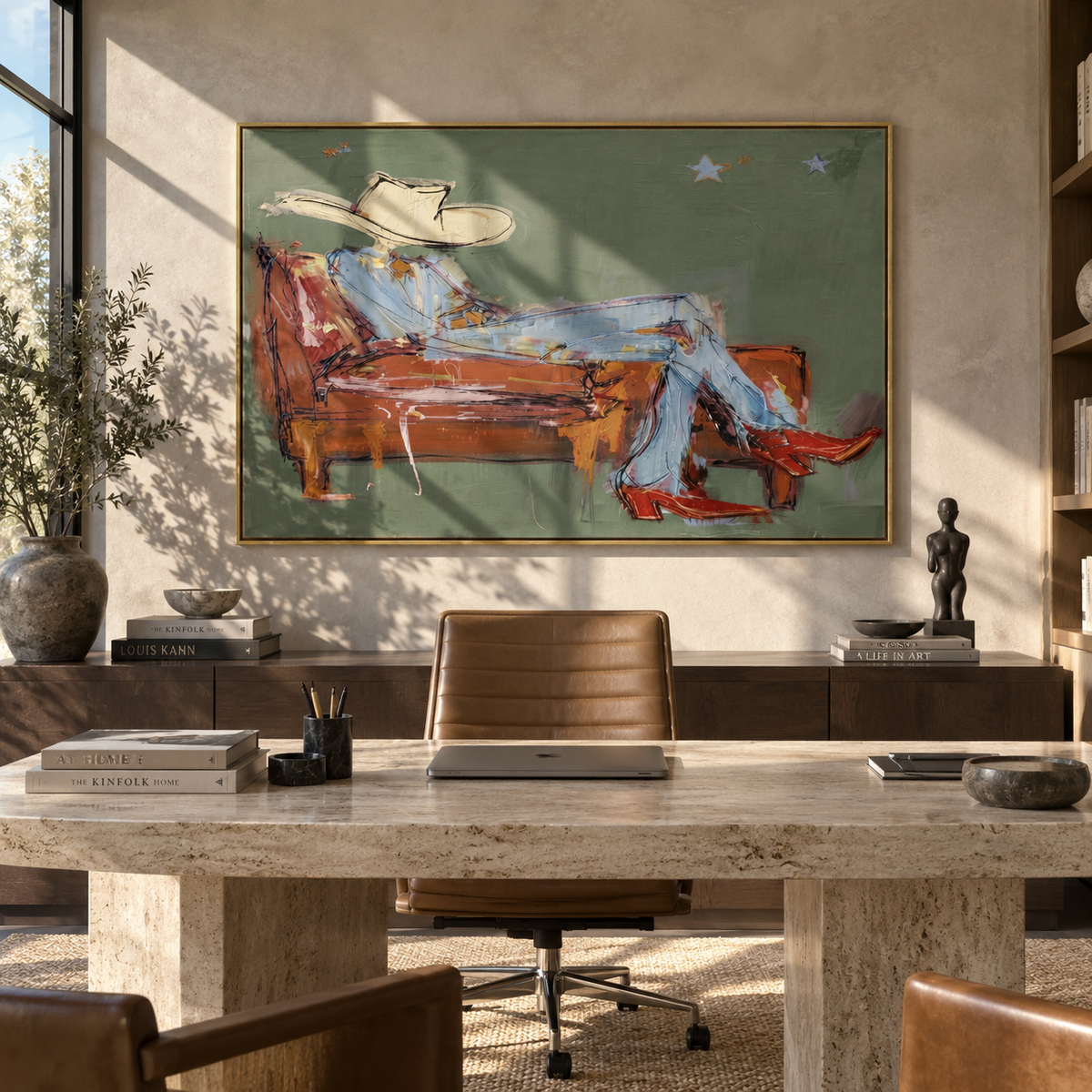 Rust Sofa, Pale Hat - reclining cowboy painting shown in modern room setting 4
