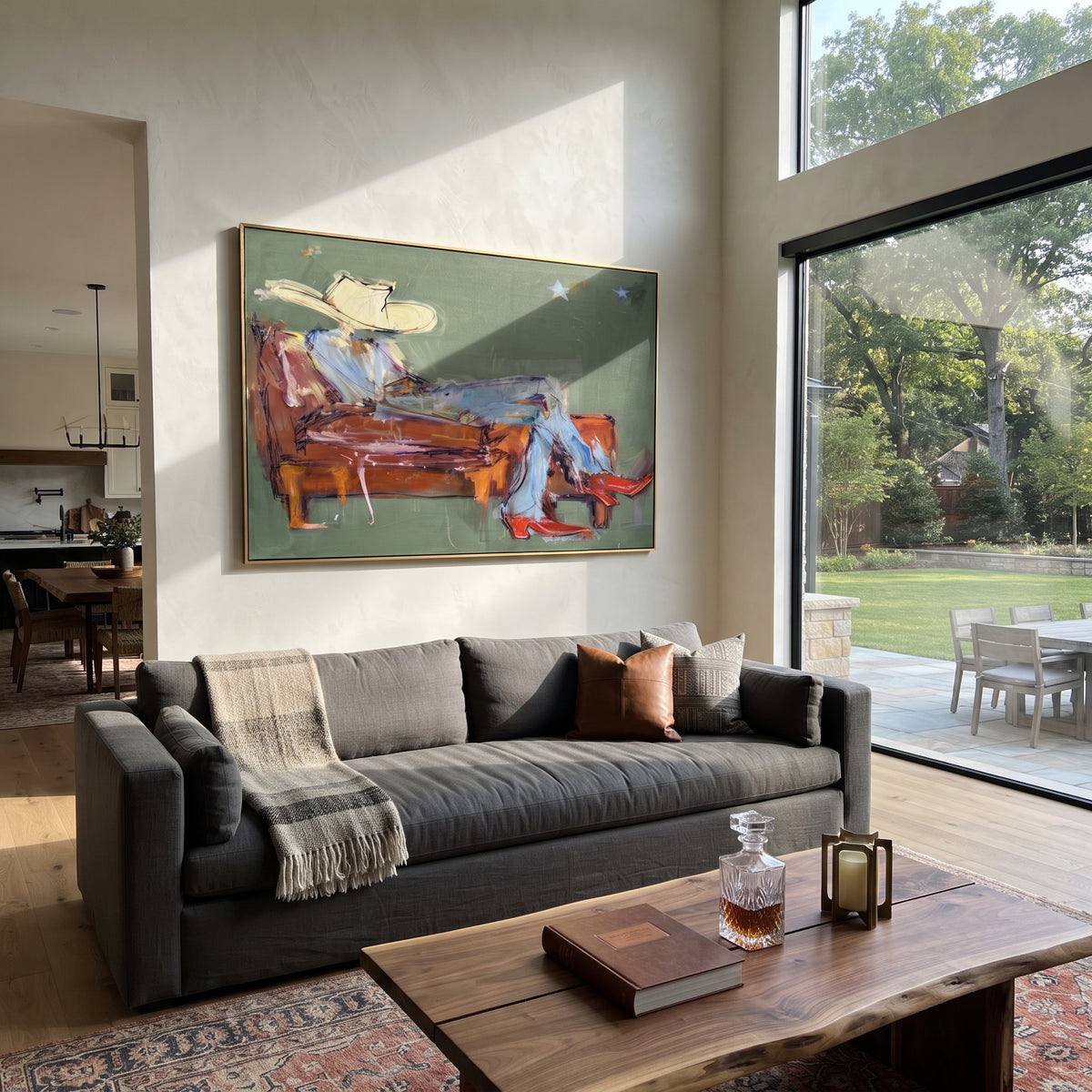 Rust Sofa, Pale Hat - reclining cowboy painting shown in modern room setting 5