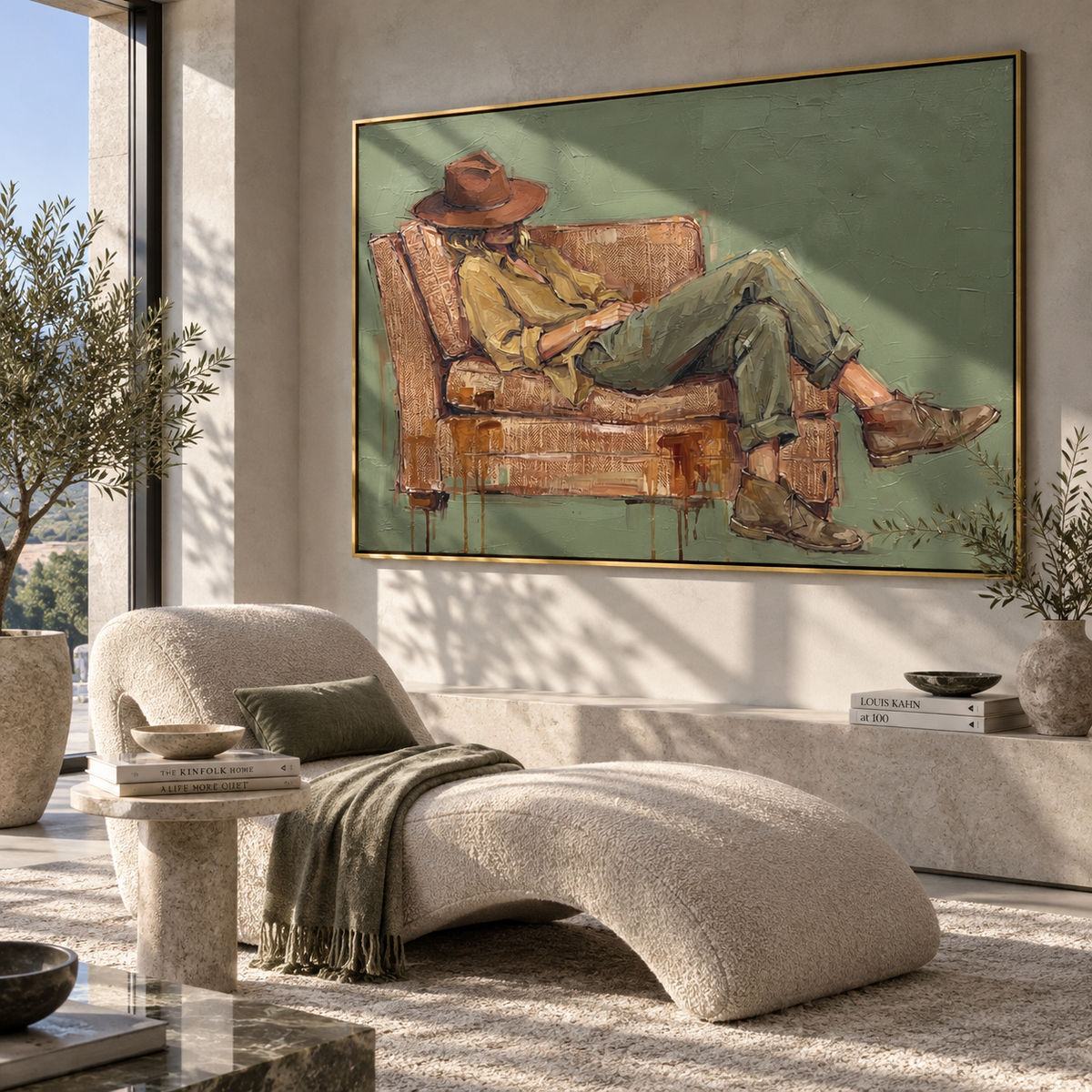 Bent Brim in Ochre - contemplative cowboy painting displayed in a styled interior