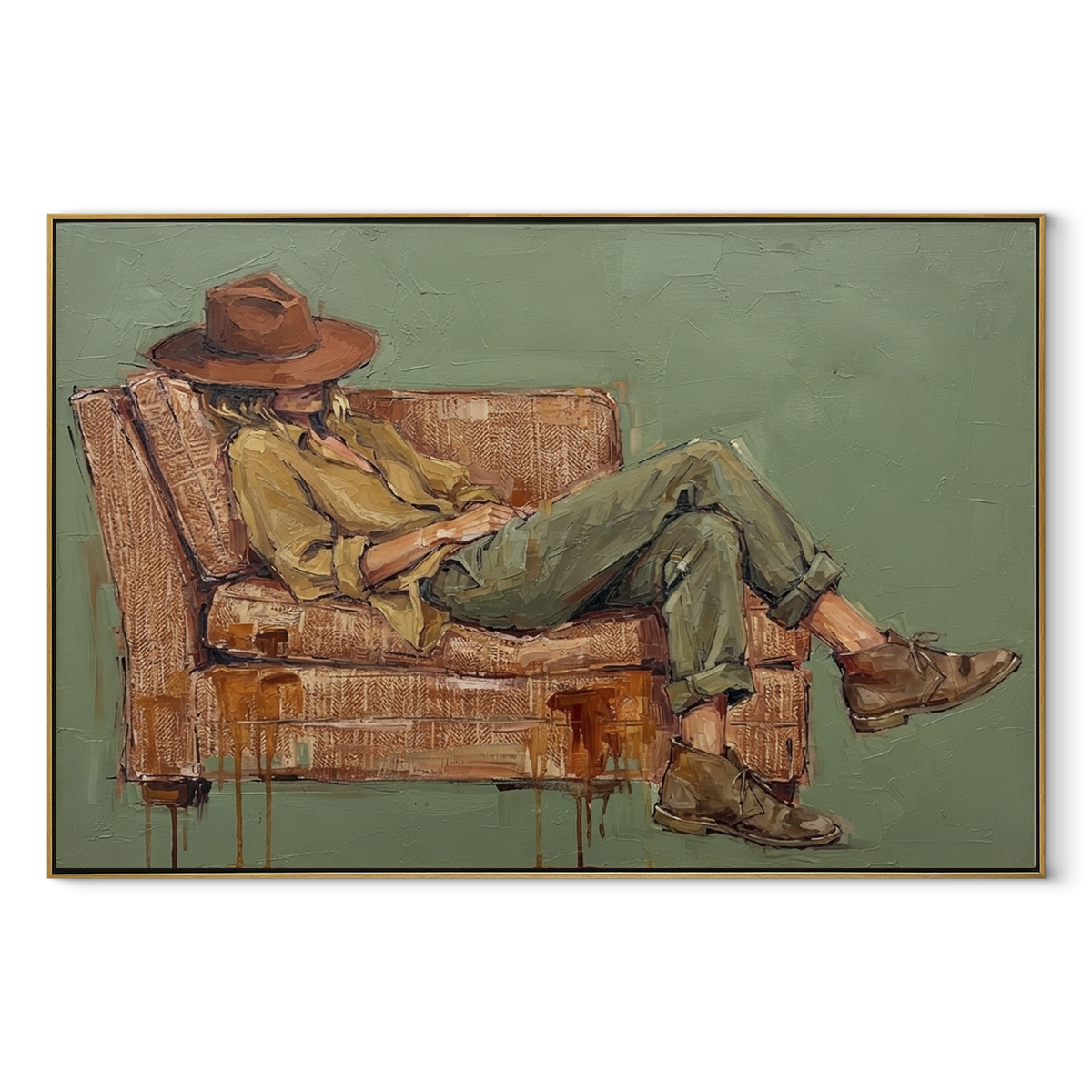 Bent Brim in Ochre - contemplative cowboy painting in a wood frame on white