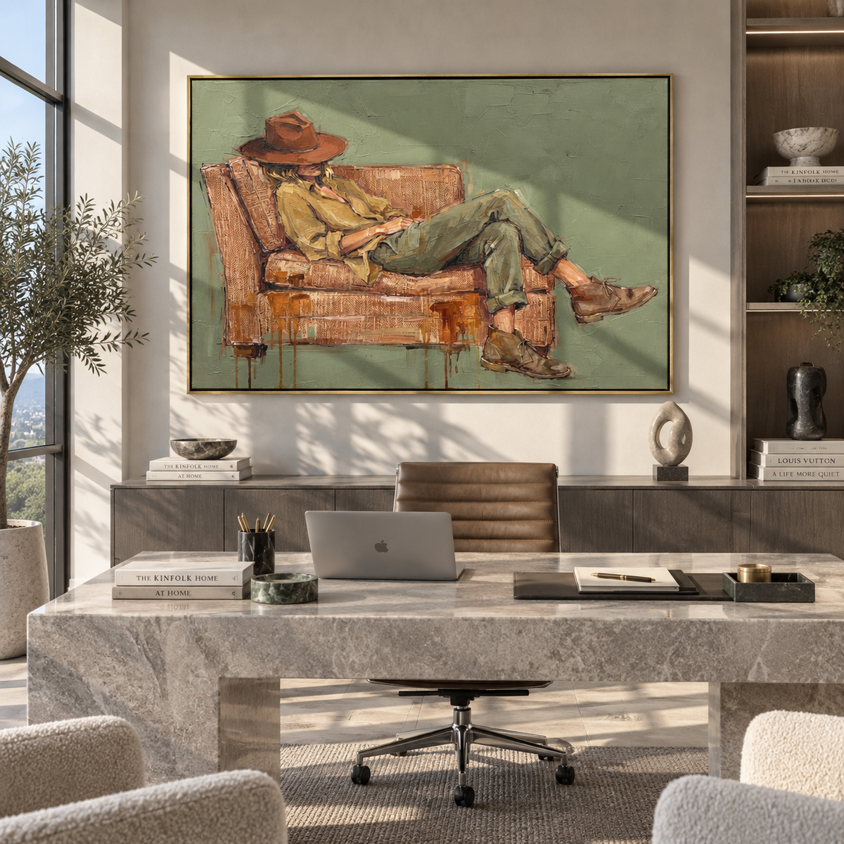 Bent Brim in Ochre - contemplative cowboy painting shown in modern room setting 2
