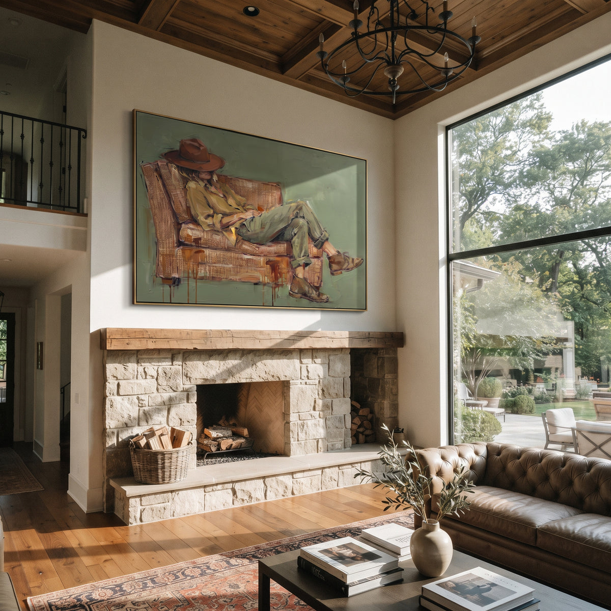 Bent Brim in Ochre - contemplative cowboy painting shown in modern room setting 3