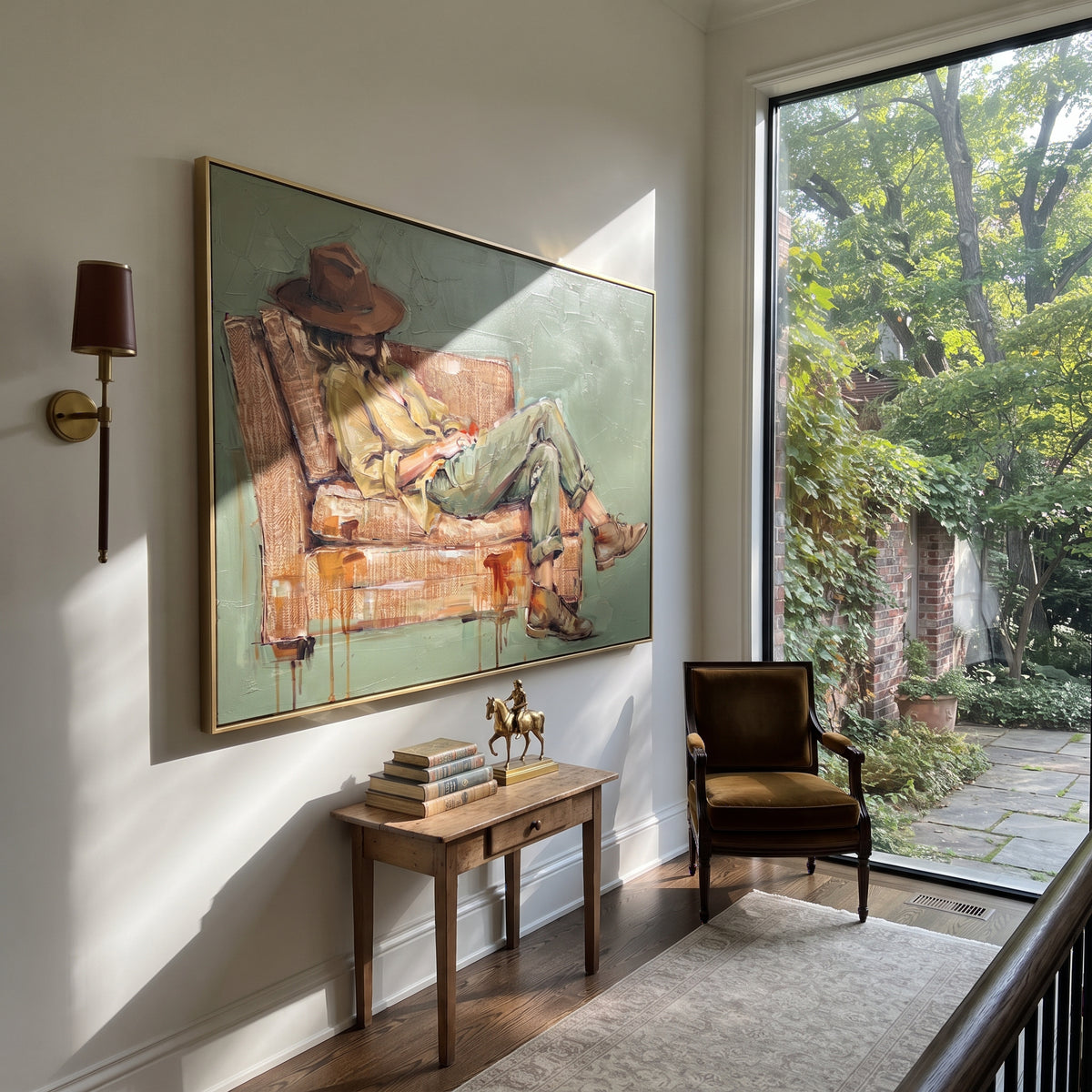 Bent Brim in Ochre - contemplative cowboy painting shown in modern room setting 4