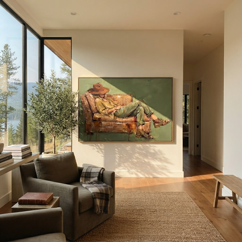 Bent Brim in Ochre - contemplative cowboy painting shown in modern room setting 5