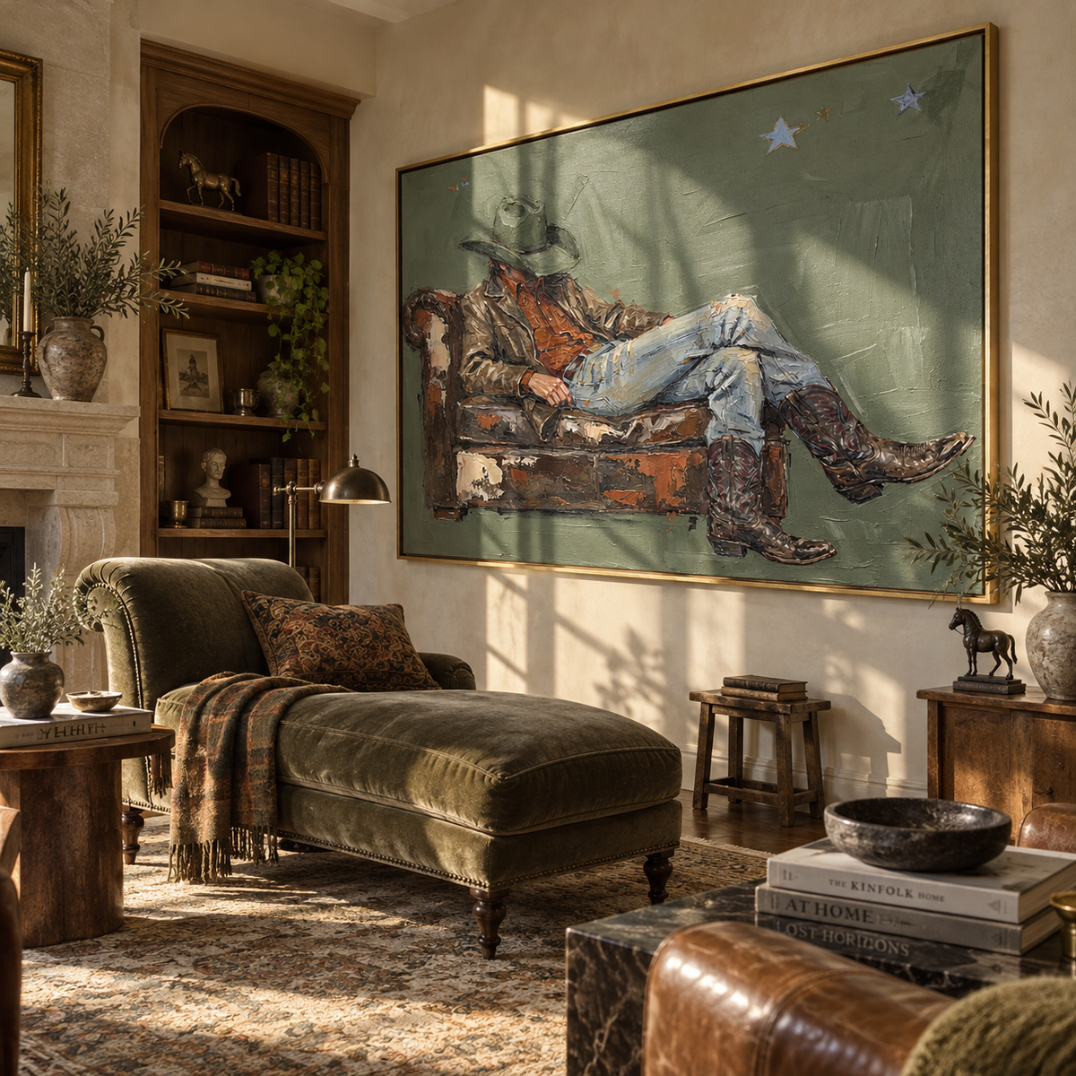 Weathered Couch Repose - resting cowboy painting displayed in a styled interior
