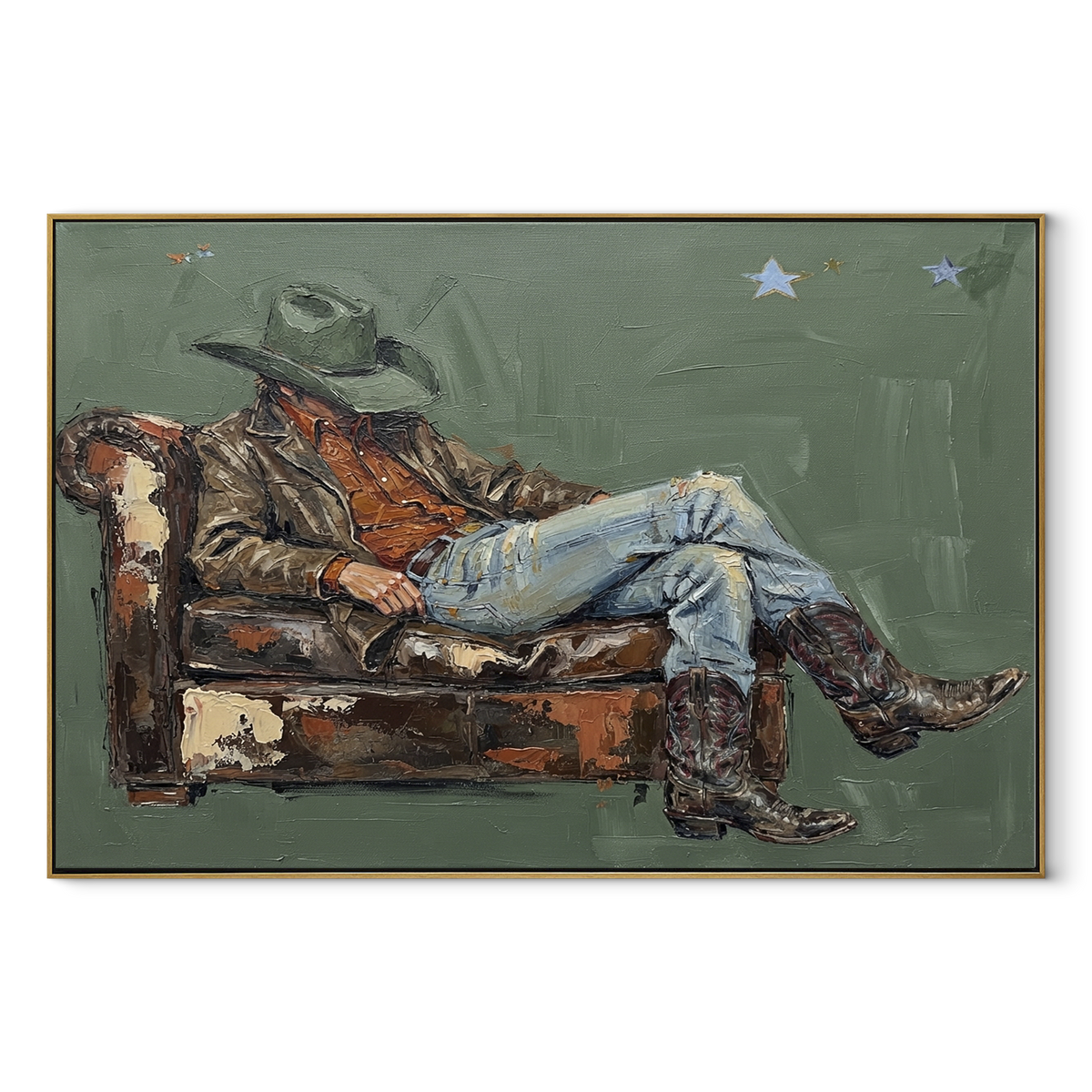 Weathered Couch Repose - resting cowboy painting in a wood frame on white