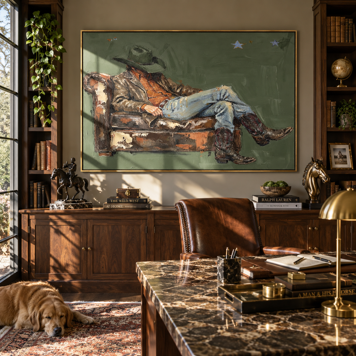 Weathered Couch Repose - resting cowboy painting shown in modern room setting 5
