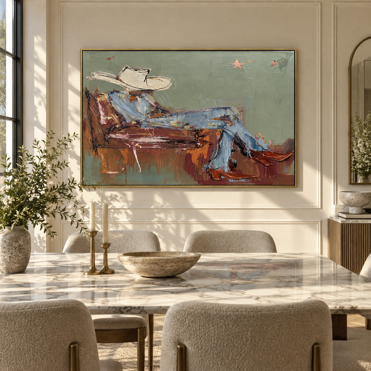 Quiet Hours in Sage - reclining cowboy painting shown in modern room setting 2