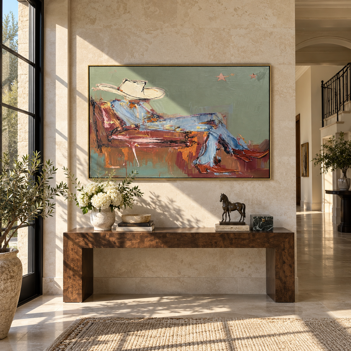 Quiet Hours in Sage - reclining cowboy painting shown in modern room setting 3