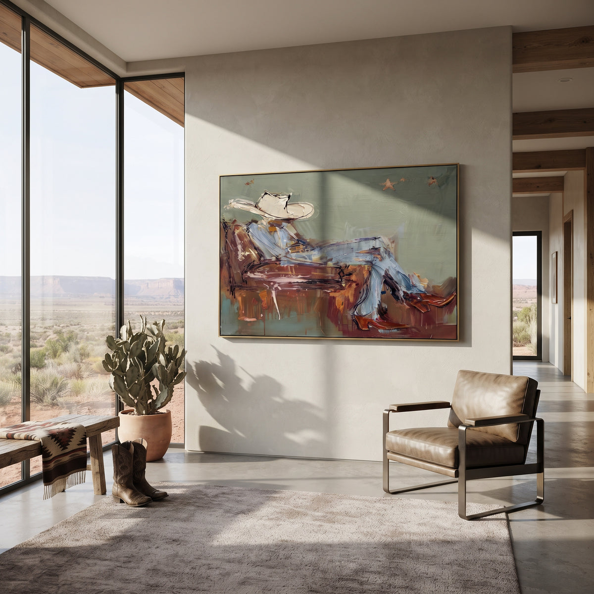 Quiet Hours in Sage - reclining cowboy painting shown in modern room setting 4