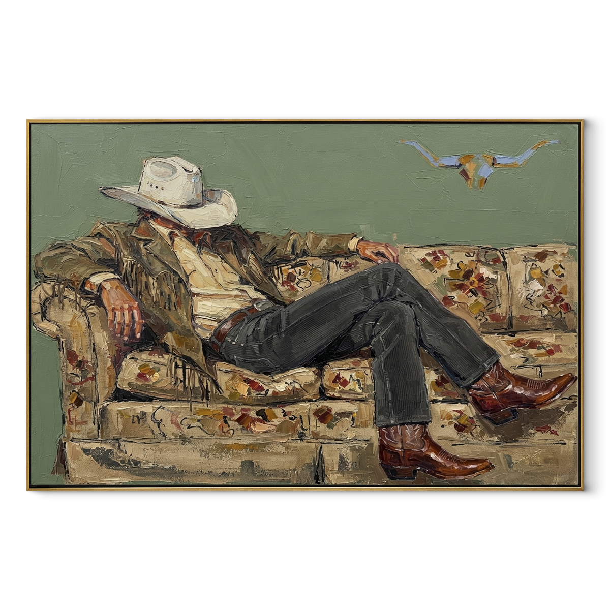 Floral Sofa, Dark Hat - relaxed cowboy painting in a wood frame on white
