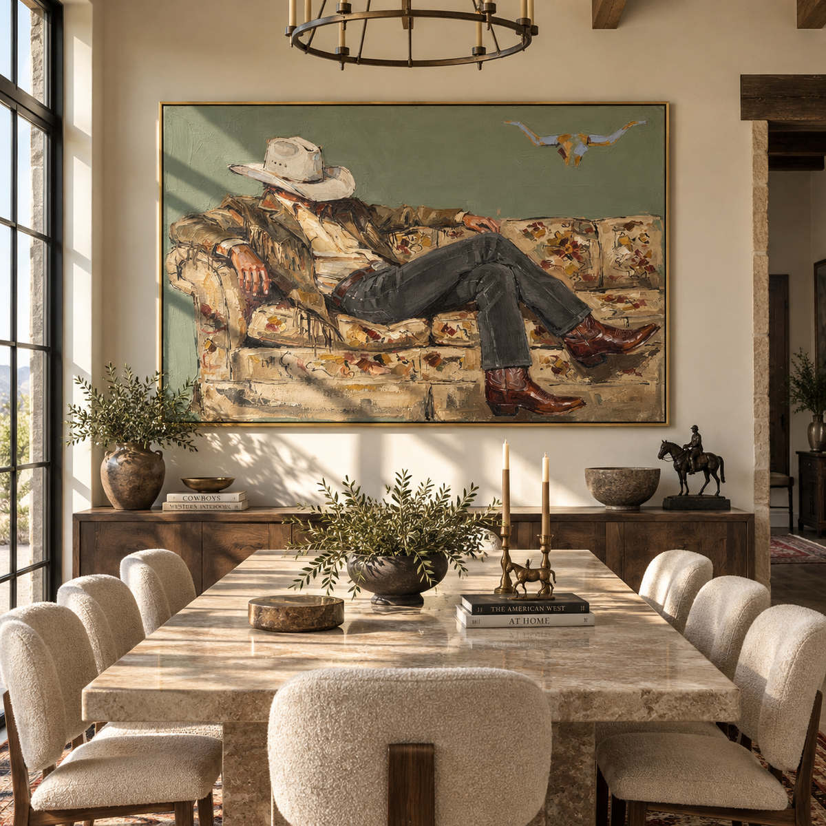 Floral Sofa, Dark Hat - relaxed cowboy painting shown in modern room setting 2
