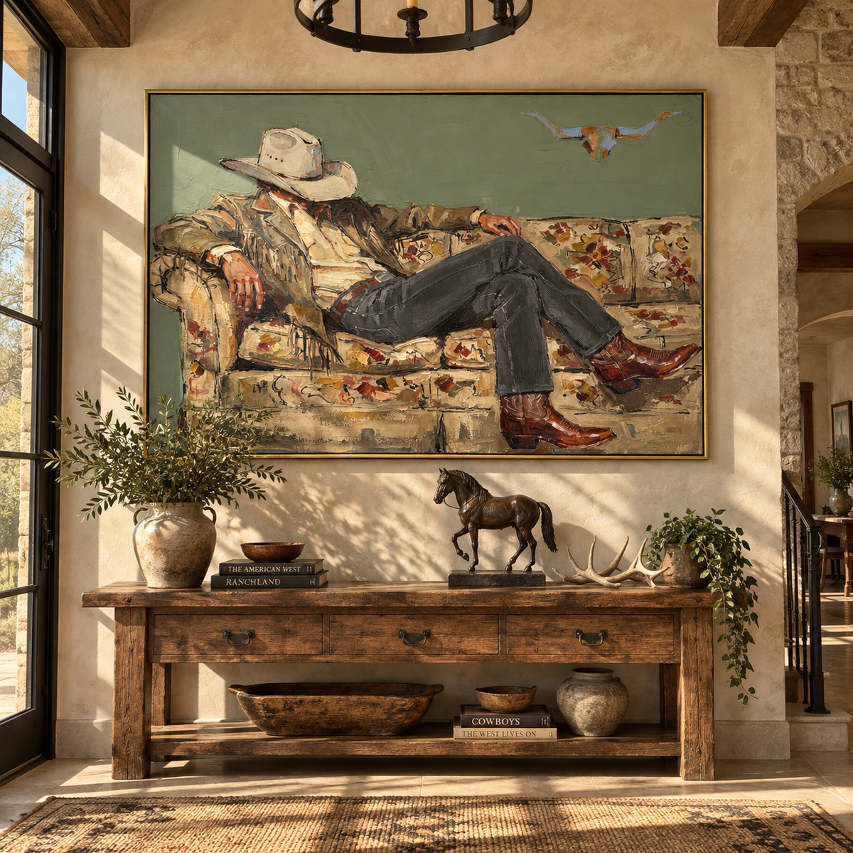 Floral Sofa, Dark Hat - relaxed cowboy painting shown in modern room setting 3