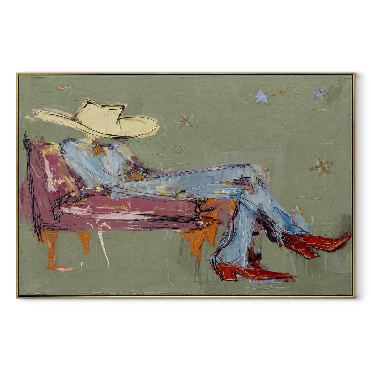 Lone Star on Green - resting cowboy painting in a wood frame on white