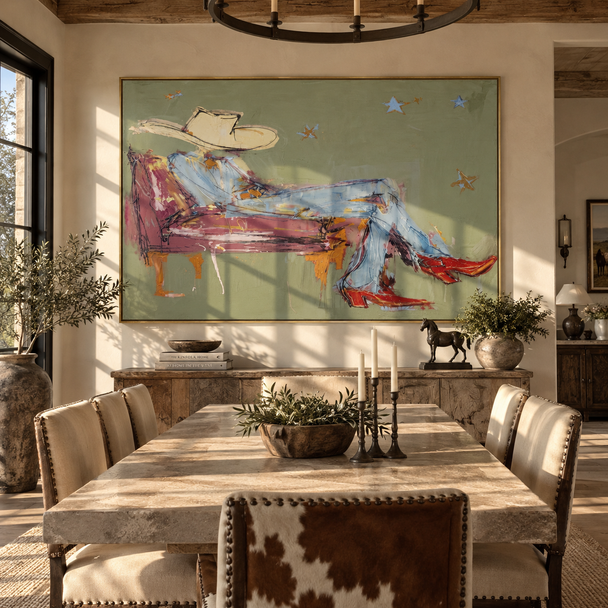 Lone Star on Green - resting cowboy painting shown in modern room setting 2
