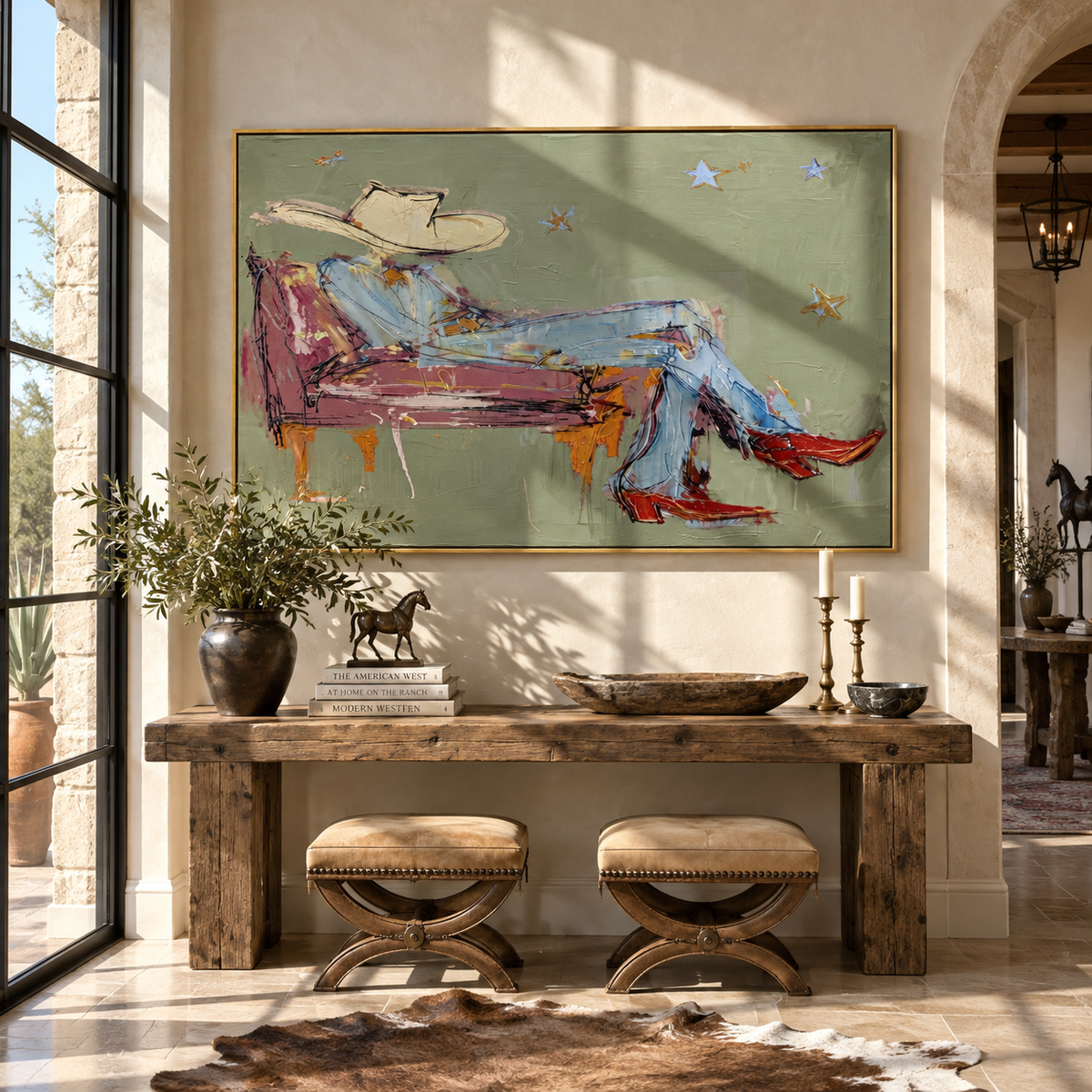 Lone Star on Green - resting cowboy painting shown in modern room setting 3