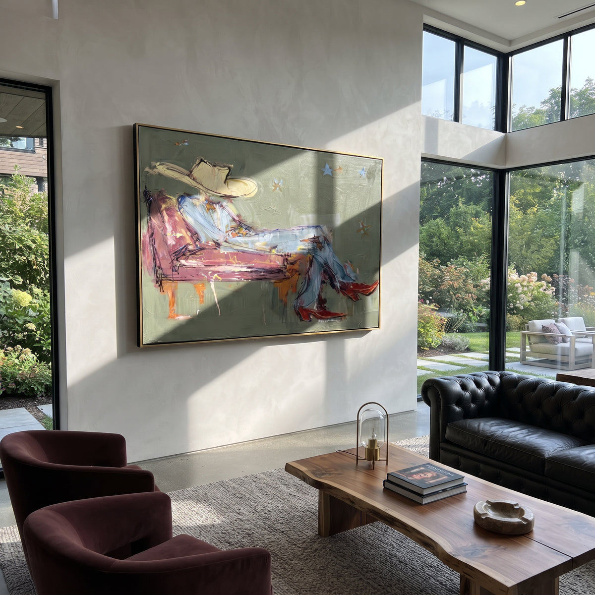 Lone Star on Green - resting cowboy painting shown in modern room setting 5