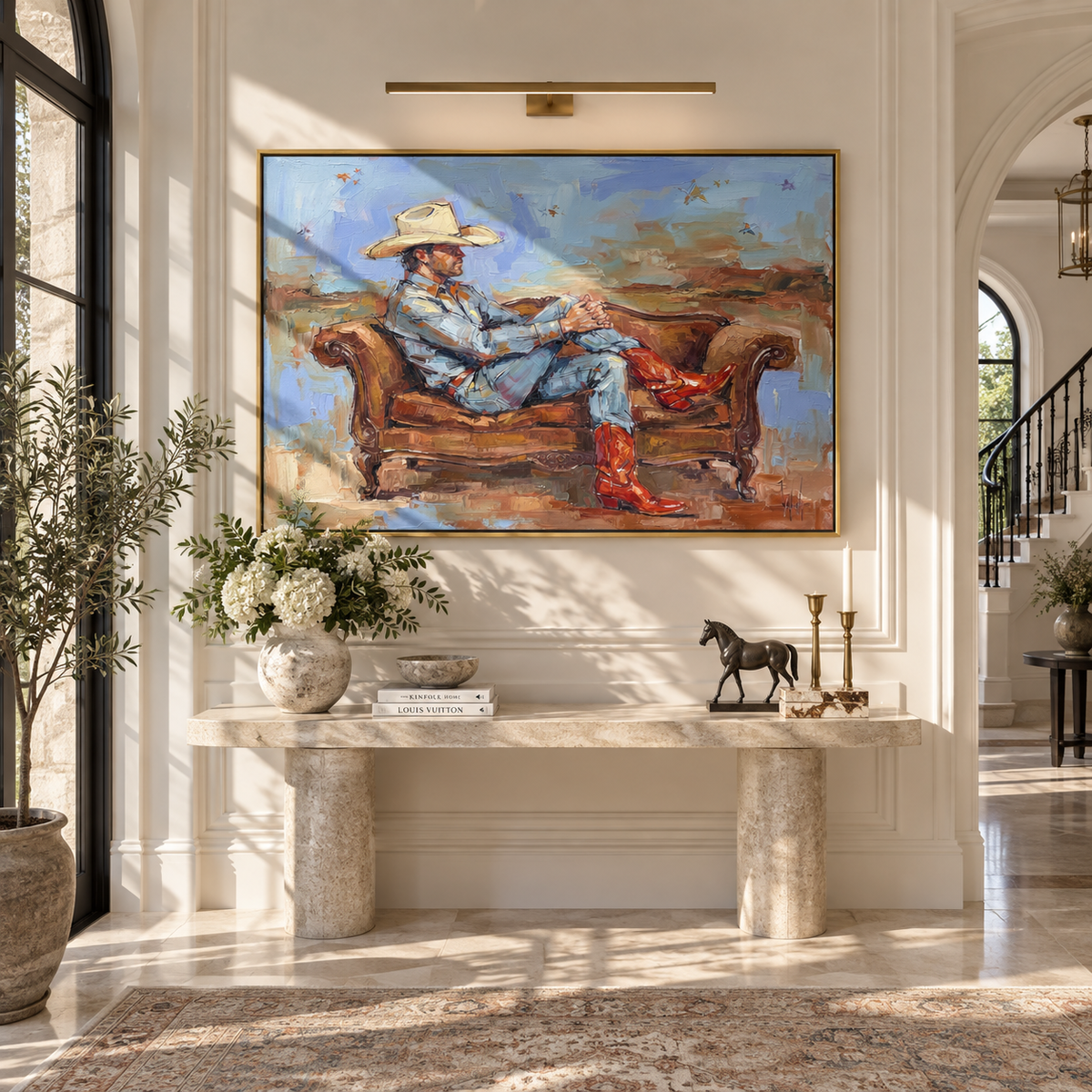 Sky Blue Western Repose - seated cowboy painting shown in modern room setting 2