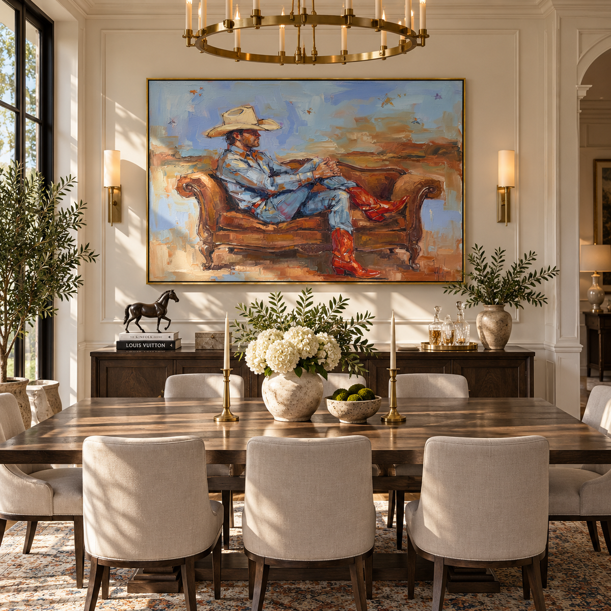 Sky Blue Western Repose - seated cowboy painting shown in modern room setting 3