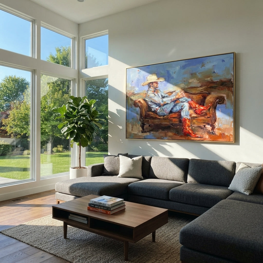 Sky Blue Western Repose - seated cowboy painting shown in modern room setting 4