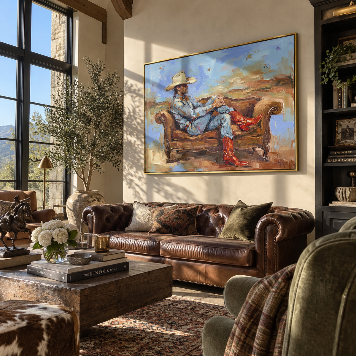 Sky Blue Western Repose - seated cowboy painting shown in modern room setting 5