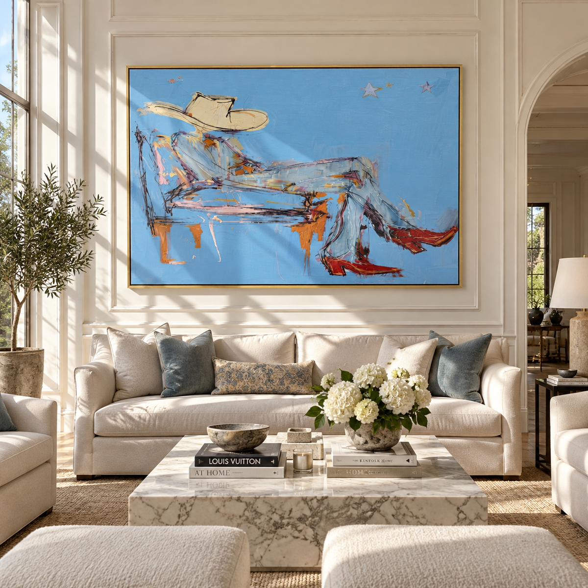 Blue Room, Red Boots - relaxed cowboy painting displayed in a styled interior