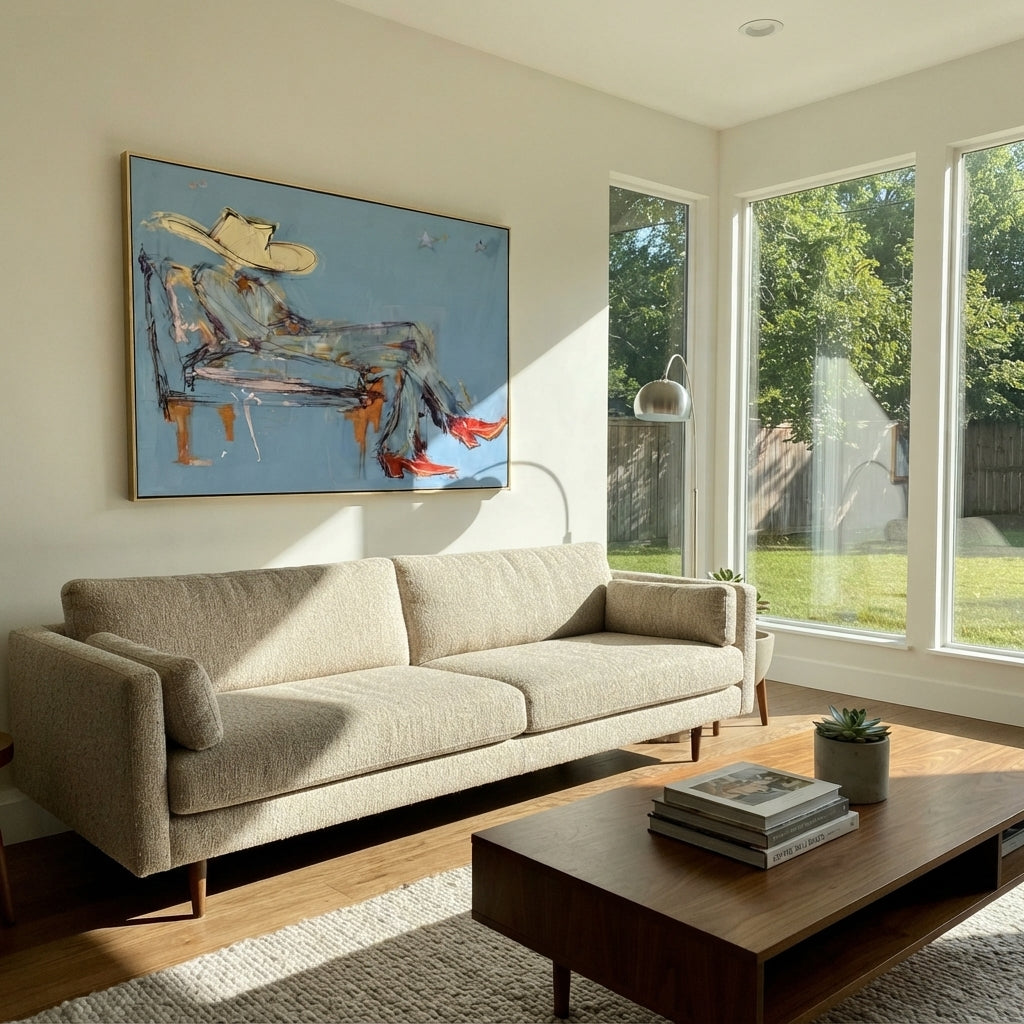 Blue Room, Red Boots - relaxed cowboy painting shown in modern room setting 3