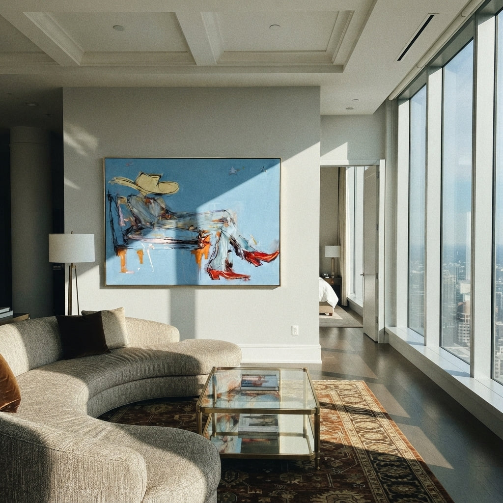 Blue Room, Red Boots - relaxed cowboy painting shown in modern room setting 4