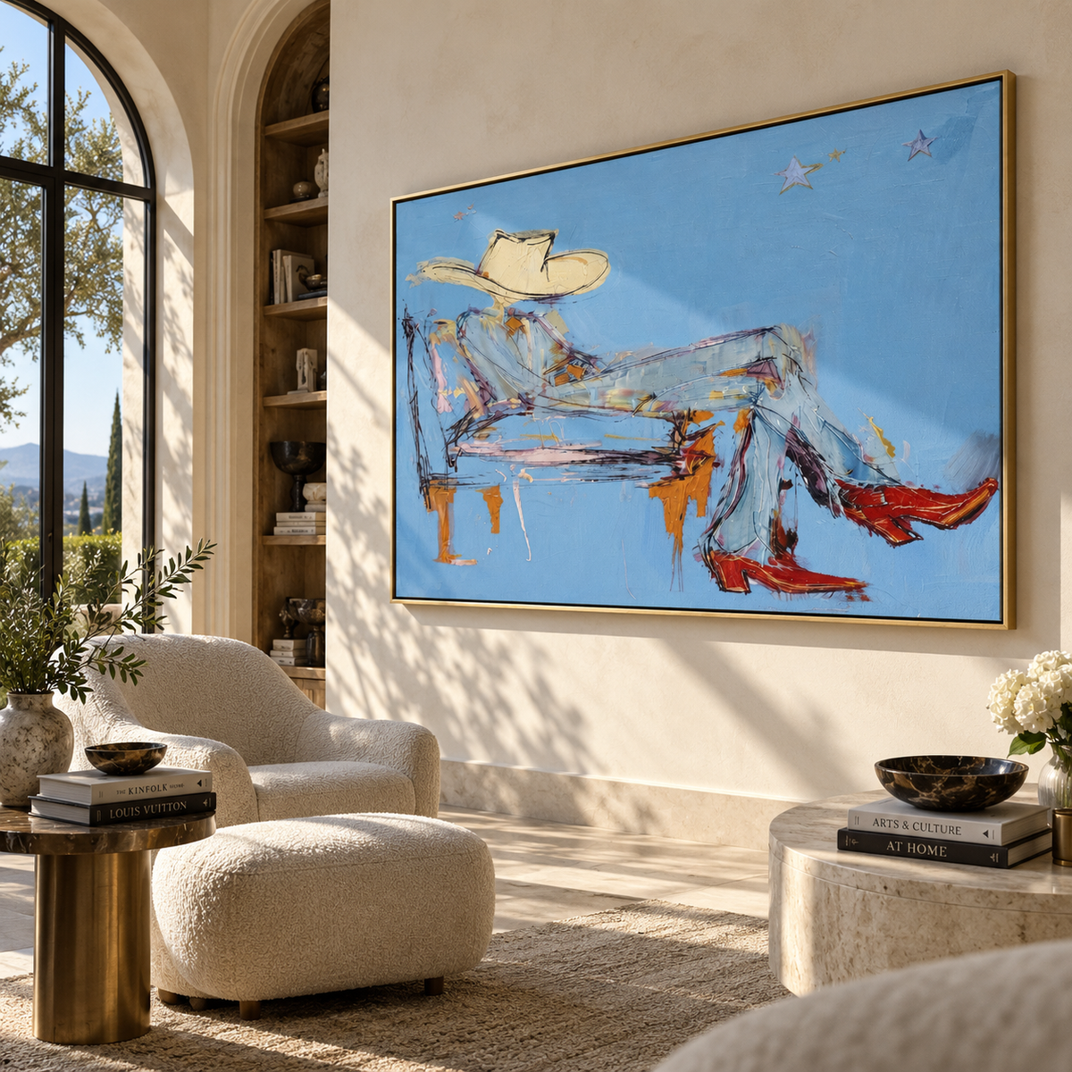 Blue Room, Red Boots - relaxed cowboy painting shown in modern room setting 5
