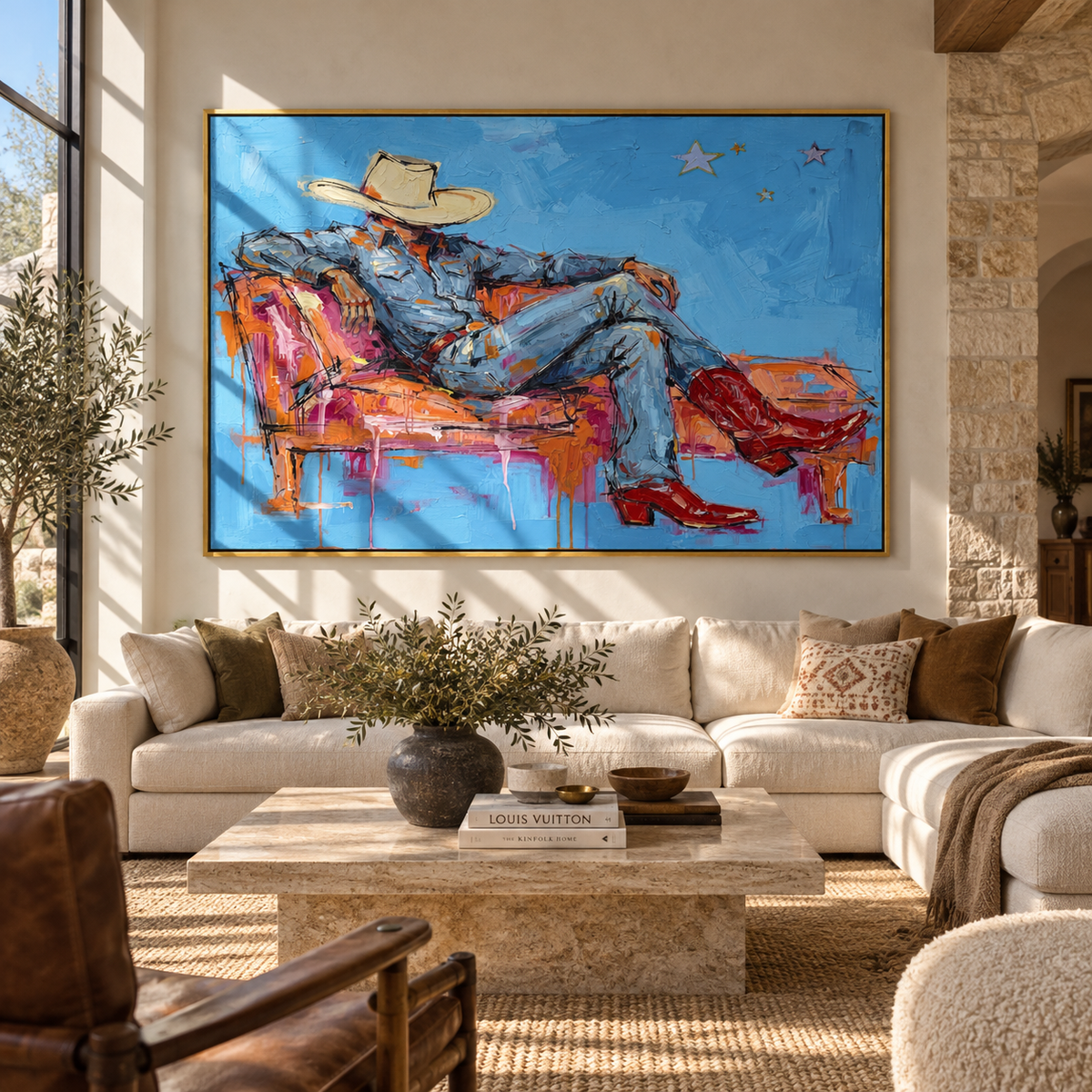 Cobalt Sofa, Scarlet Boots - reclining cowboy painting displayed in a styled interior