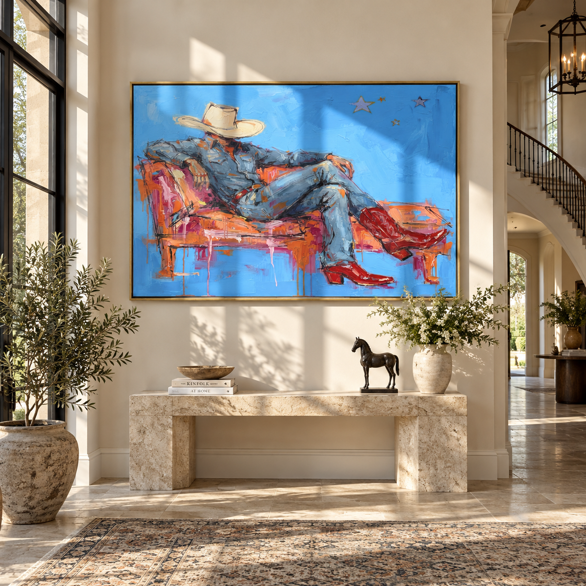 Cobalt Sofa, Scarlet Boots - reclining cowboy painting shown in modern room setting 2